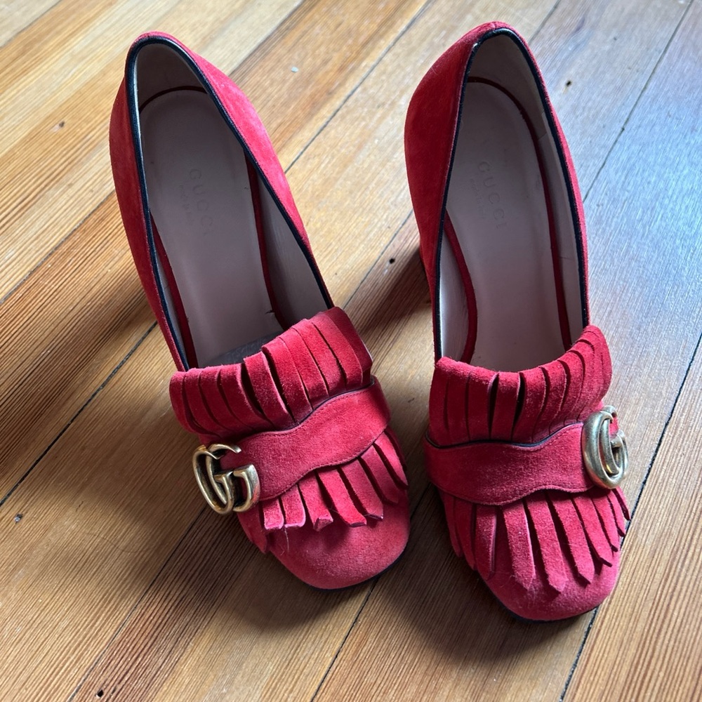 Gucci Red Heeled Pumps with Fringe Detail 37